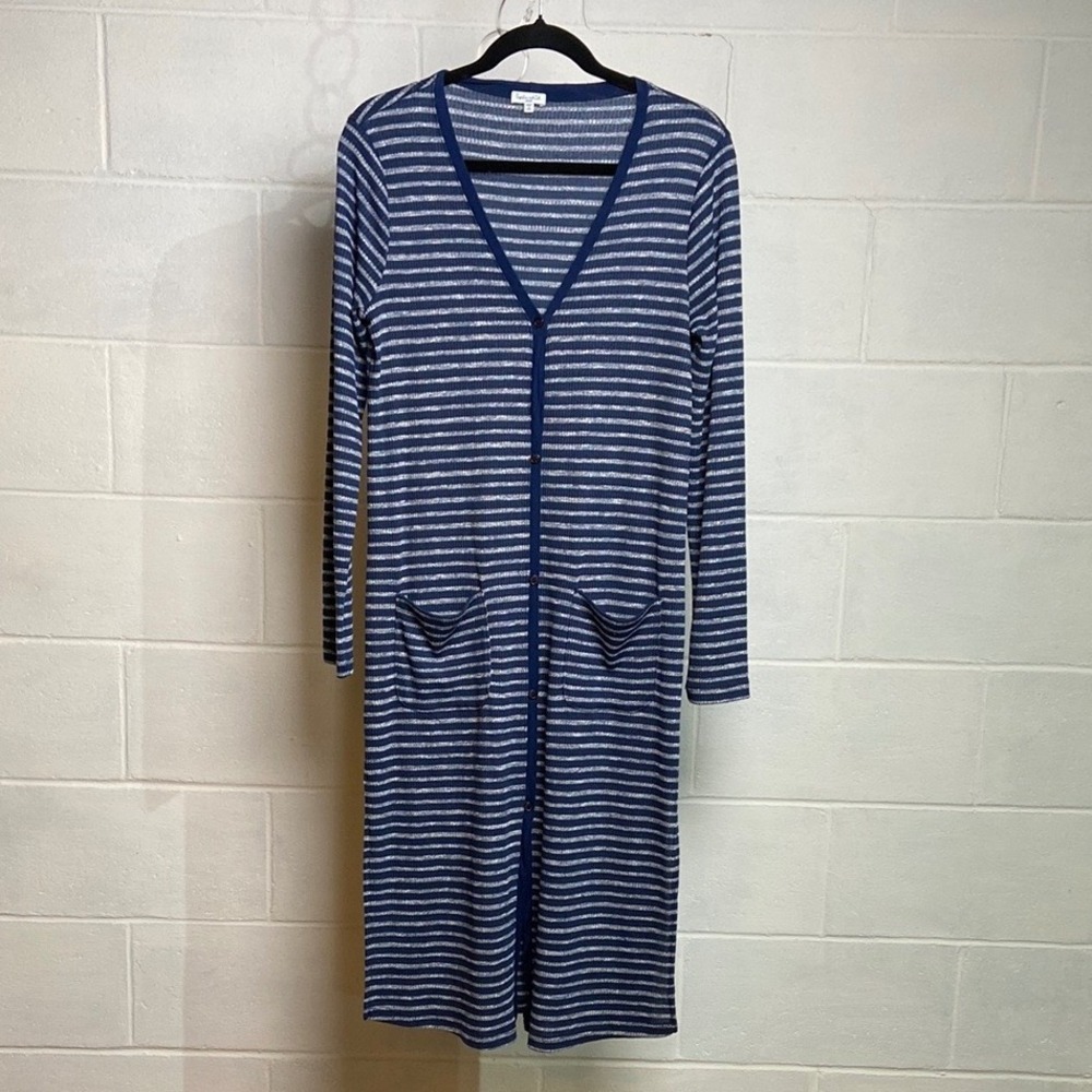 Splendid Striped V-Neck Long‎ Sleeve Buttonup Long Sweater Cardigan Duster LARGE